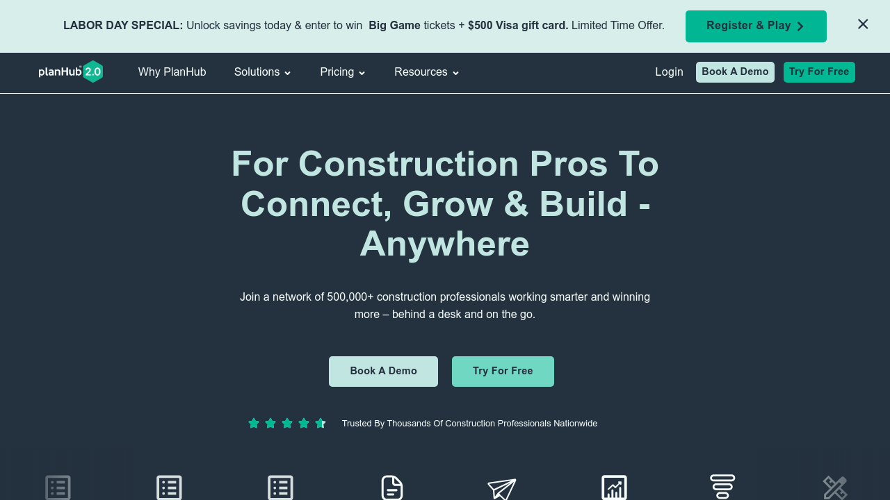 PlanHub construction project planning and bidding platform homepage with takeoff tools and estimation features