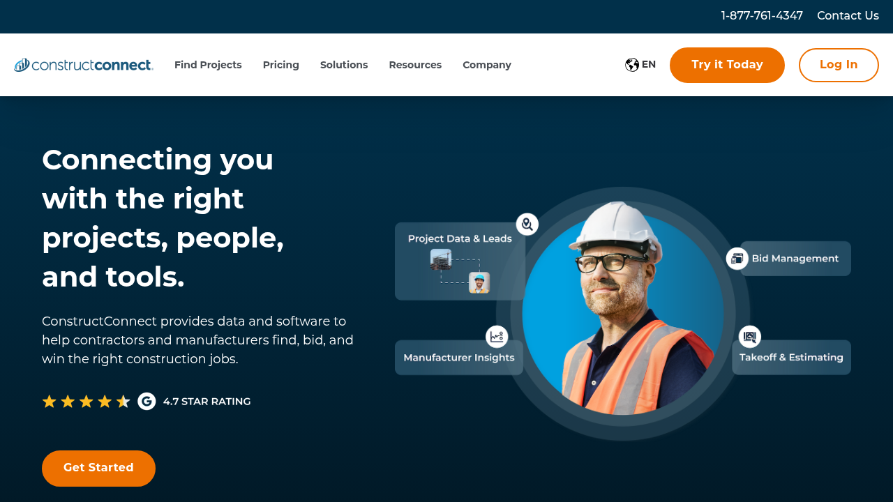 ConstructConnect bid management and construction project database platform homepage with project information access