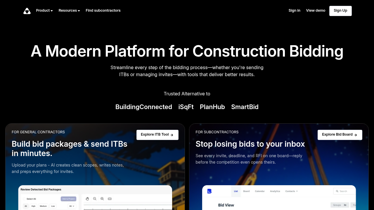Downtobid bid board software homepage showing automated email integration and AI-powered bid tracking features