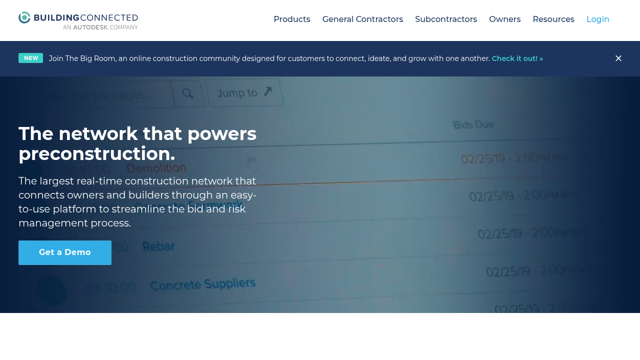 BuildingConnected construction bid management platform homepage with document management and subcontractor tools