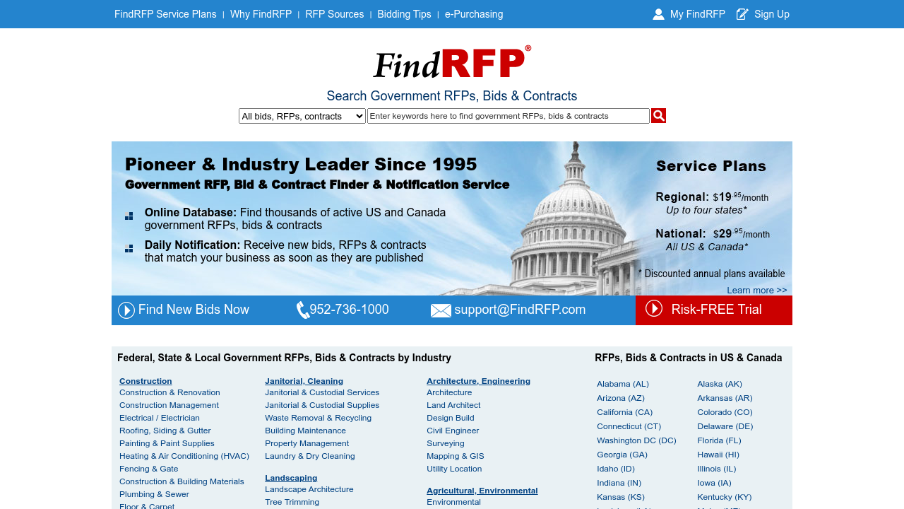 FindRFP website homepage showing construction RFP search interface and opportunity aggregation features for contractors