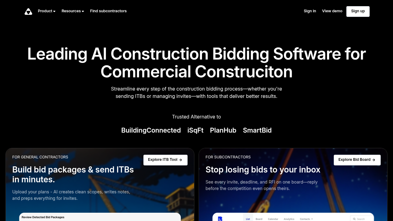 Downtobid construction bid management platform homepage showing automated email integration and project organization features