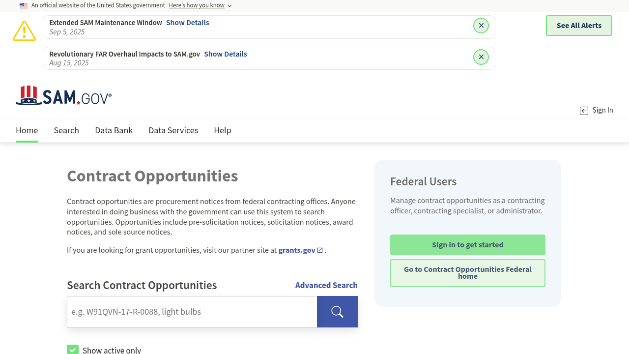 SAM.gov federal contracting opportunities portal showing government RFP listings and contractor registration interface